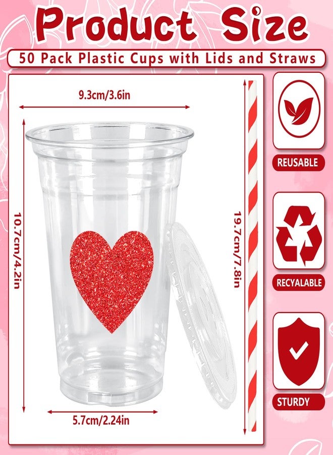 JarThenaAMCS مجموعة جارثينا إيه إم سي إس، ٥٠ قطعة من أكواب بلاستيكية للاستخدام مرة واحدة لعيد الحب، مع أغطية وماصات، سعة ١٢ أونصة، أكواب حفلات مزينة بقلوب حمراء لامعة، أكواب للمشروبات الباردة، لوازم حفلات الزفاف وأعياد الميلاد - Image 2